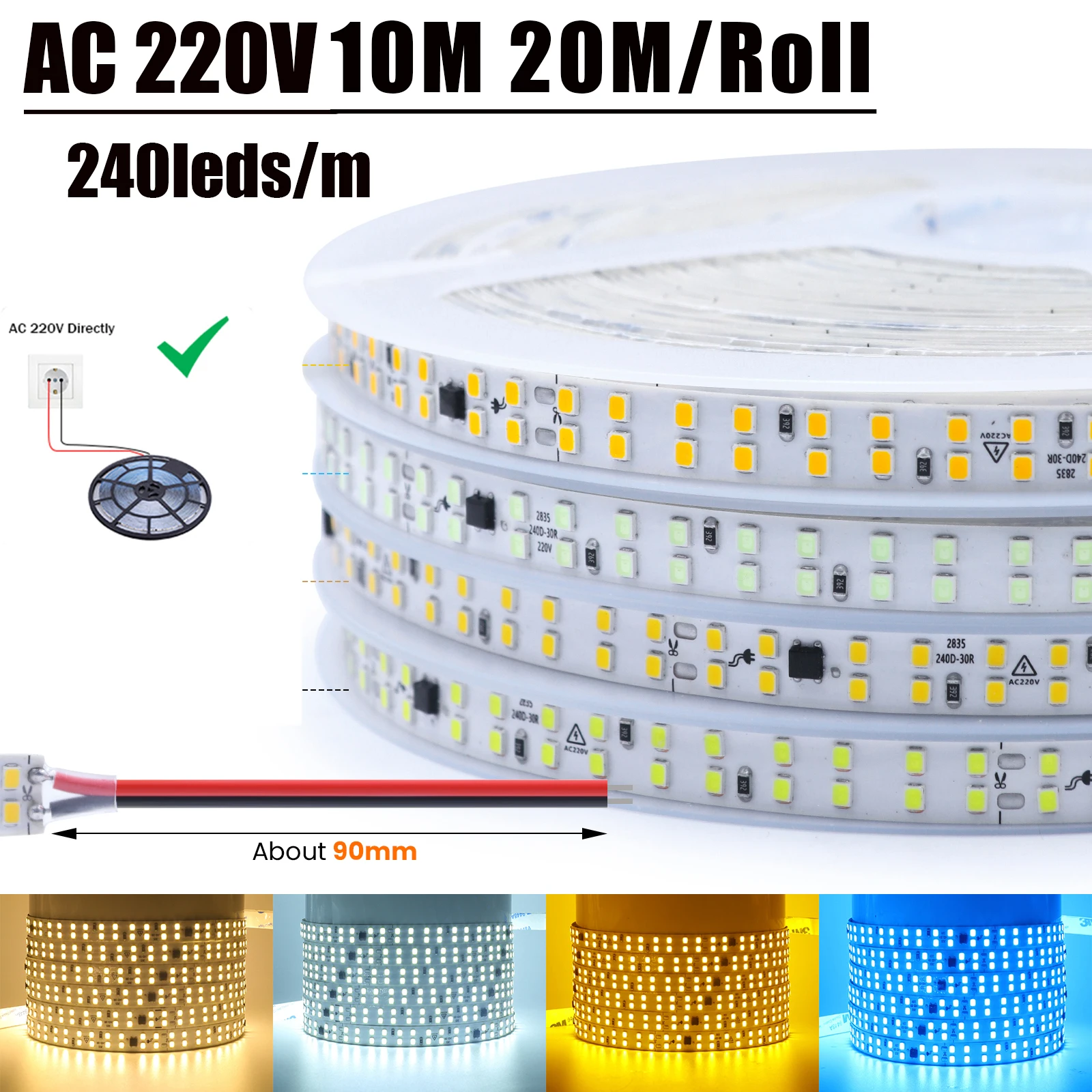 

10 м 20 м/рулон драйвер встроенный AC 220 В 240 В Светодиодная лента 3000K 4000K 6000K Ледяной Синий/Желтый 2835 240 светодиодов/м гибкая лента веревка