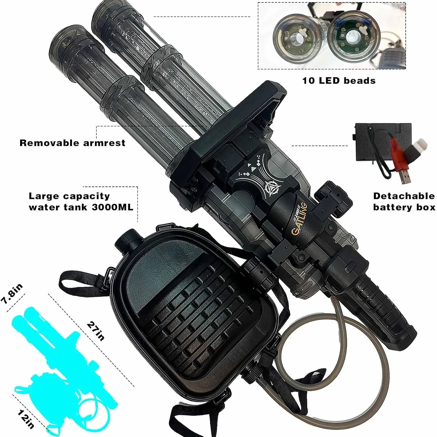 Dual Shooting Gatling Water Gun Simulated Flame Blaster Outdoor Toys for Children Adults Automatic Squirt Guns Gifts Boys Girls 2