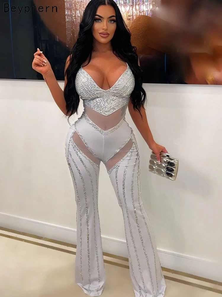 

Beyprern Elegant White Sheer Mesh Crystal Jumpsuits Luxury Sleeveless Diamonds Skinny Jumpsuits Nightclub Outfits Sexy Clubwear