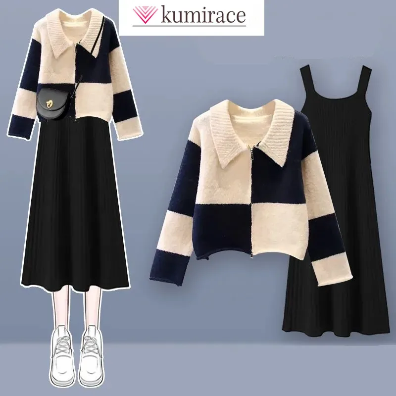 

Checkered Splicing Lapel Knit Sweater Pullover with Suspender Knit Dress Two-piece Elegant Women's Skirt Set Winter Outfits