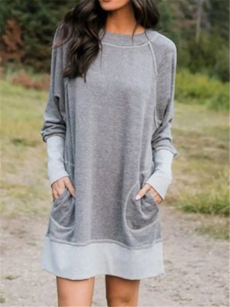 

Patchwork Women's Dress Long Sleeve Pocket Black Casual Dresses Female 2022 Fall Spring Loose Fashion Ladies Clothes