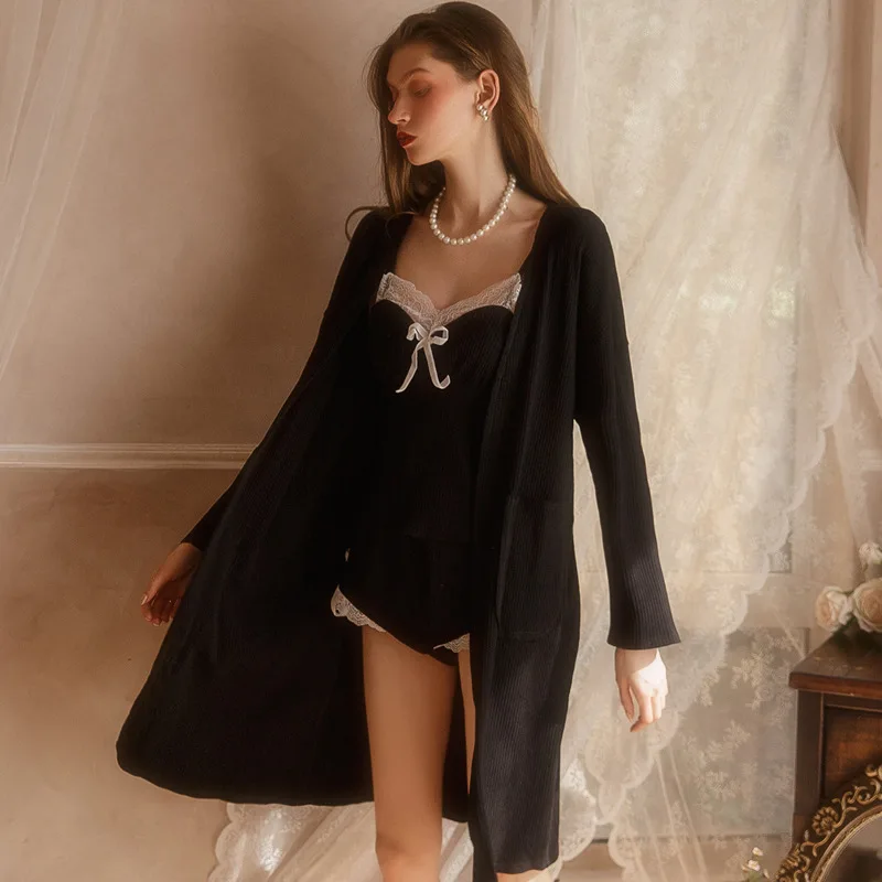 Pajamas women's sexy nightgown upper and lower two-piece set home service dressing gown three-piece set