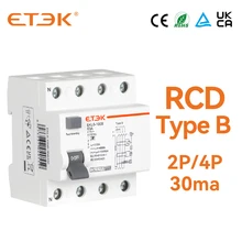 ETEK RCD Type B Evse 2P 4P 2Poles 4Poles AC Earth Leakage Circuit Breakers RCCB 40a 63a 100a 30ma EKL6-100B 10KA Din Rail 220V