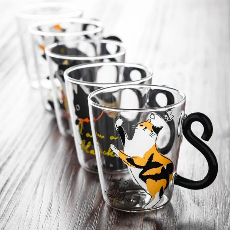 1PCS 250ml Cute Cat Glass Juice Coffee Cup Milk Tea Glass Mug Cat Tail Handle Valentine's Day Lover Gifts Stainless Spoon glass cup