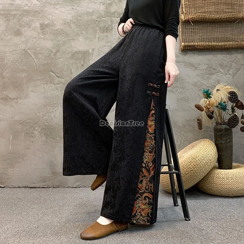 Chinese Style Button Design Loose Comfortable Casual Wide Leg Retro Embroidery Cotton Linen Pants