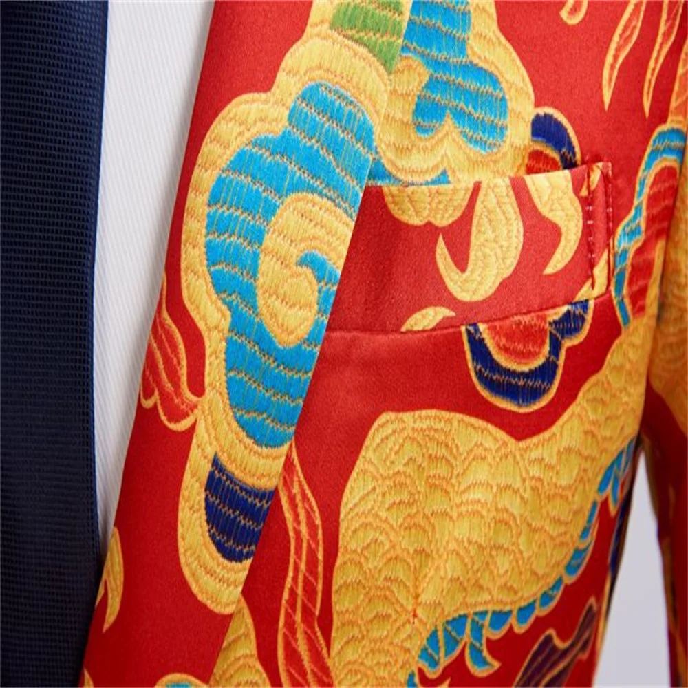 2023 New Dragon Pattern Print Men Suits Chinese Style Red Male Slim Fit Blazer Stage Party Fashion Jacket Pants Suit 2 Piece Set