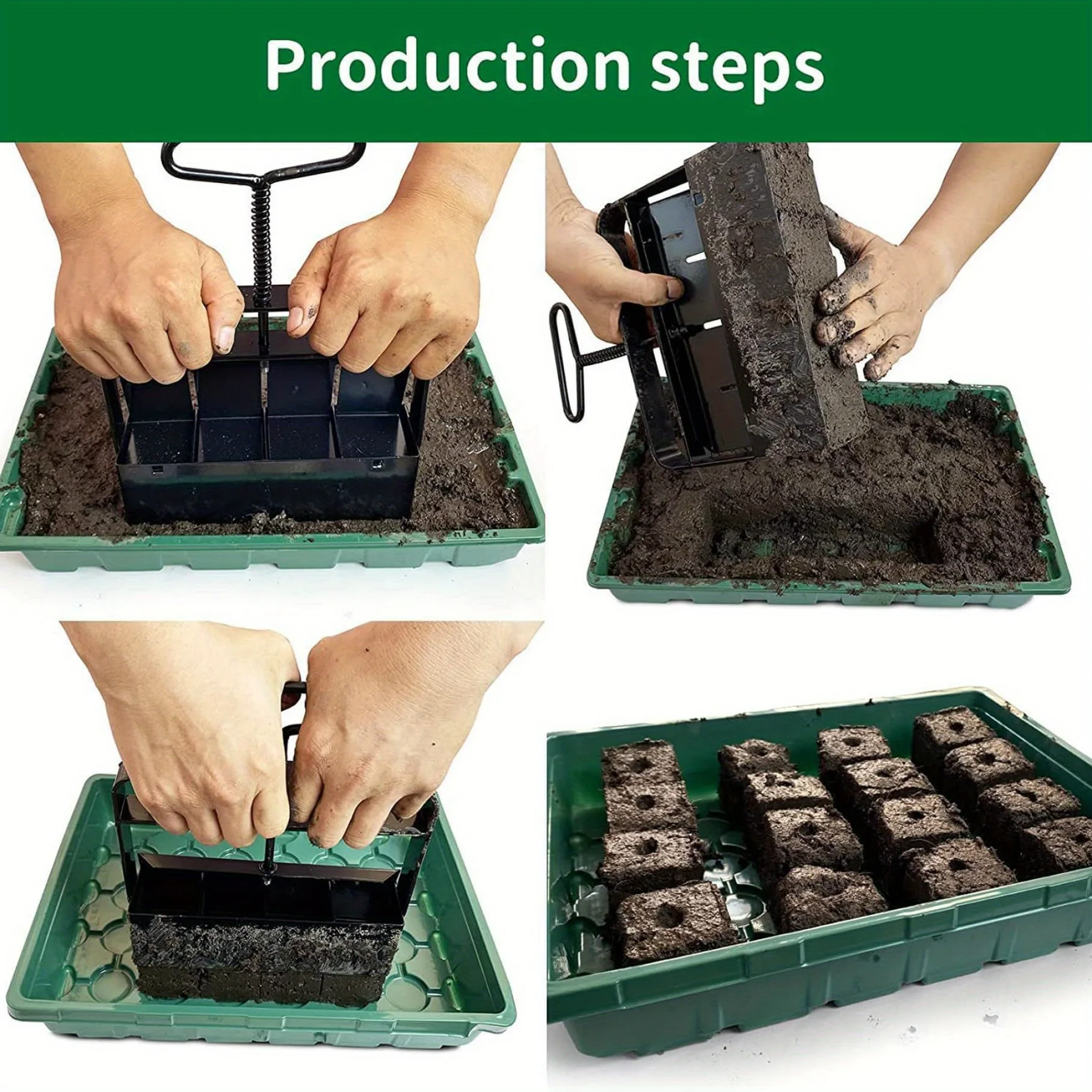 A hand-held garden clod maker with 4 square molds, a durable plastic seedling tool for indoor and outdoor gardening 4