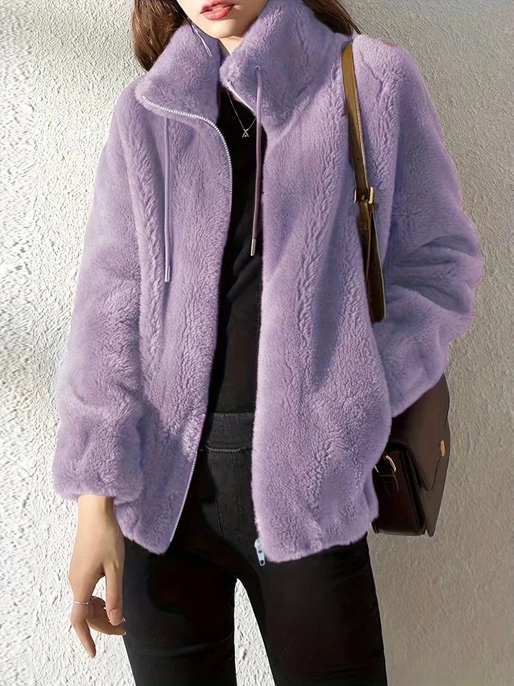 

Women Oversized Jacket 2024 Winter Warm Plush Pocket Zipper Hooded Lint Thermal Overcoat Streetwear Loose Lady Outerwear Coat