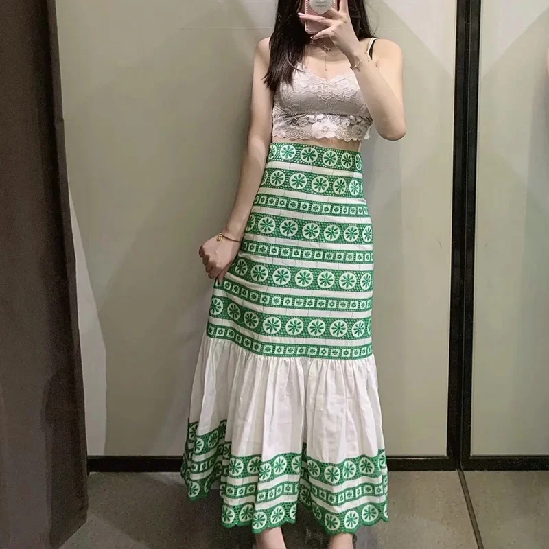 

Women Chic Fashion Patchwork Hem Skirts 2023 Floral Embroidered Midi Skirt Vintage High Waist Zipper Female Skirts Streetwear