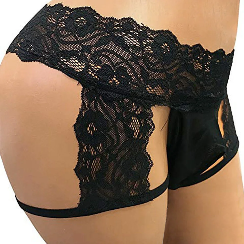 

Men's Sexy Gay Sissy Lace Boxer Underwear Homme Open Butt Thongs Enhance Pouch Hollow Out Bikini Briefs Underpants Panties