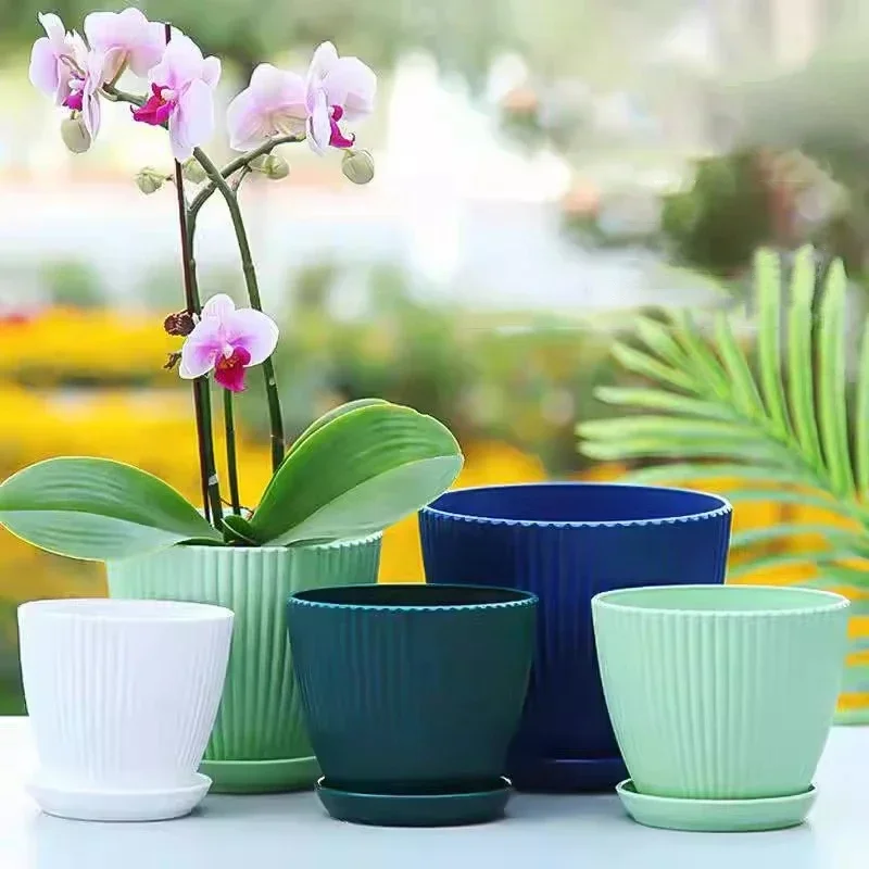 Flower Pot Plastic Flower Pot Succulent Potted Round Pot With Tray Vertical Striped Planters Double Layer Bonsai Home Office Desktop Decor