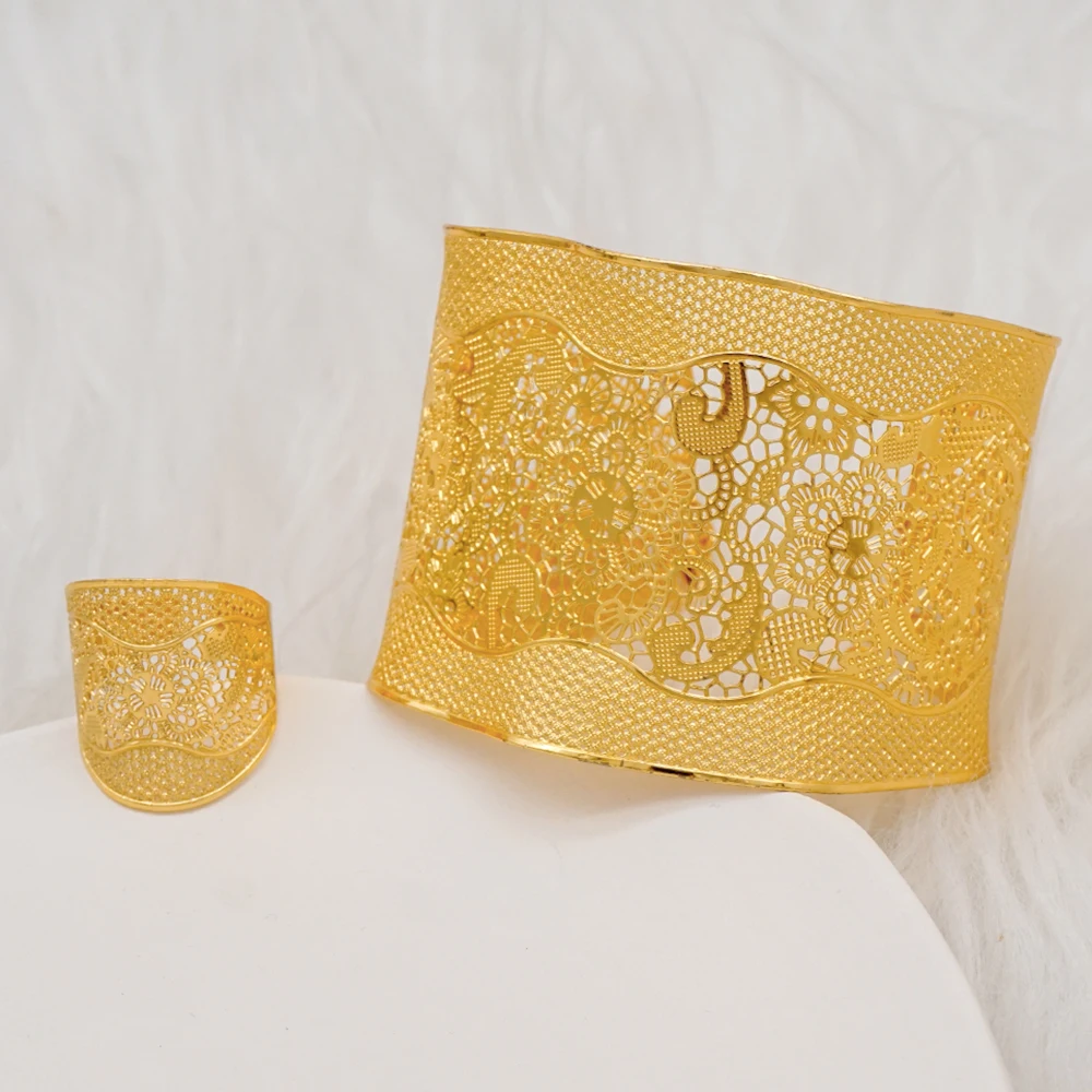 Light Weight Indian Bangles With Ring For Women African Arabic Charm Dubai Gold Color Bracelet Jewelry Nigerian Wedding Gift