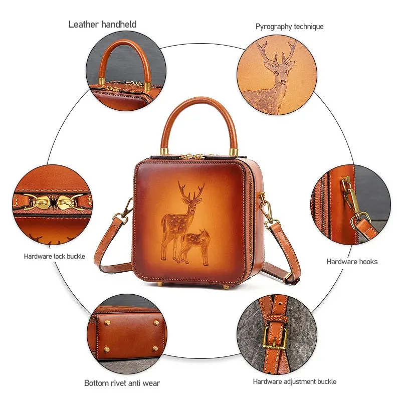 Deer embossed leather handbag first layer cowhide retro slung Women's bag luxury bag woman