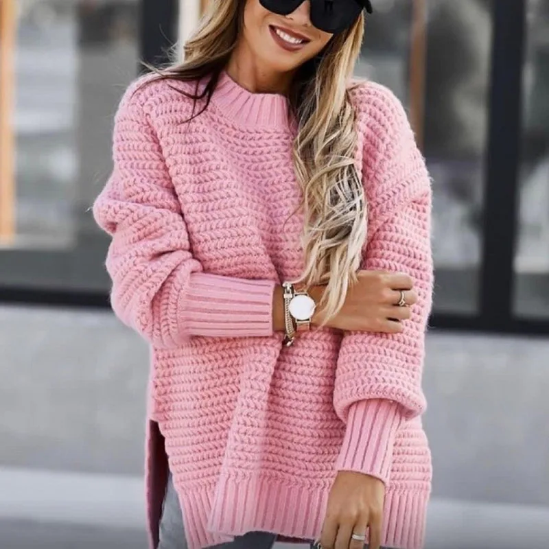 

Winter Half High Neck Solid Color Strap Side Split Knitted Sweater Pullovers Women's Knitted Sweaters Loose Knit Pullovers