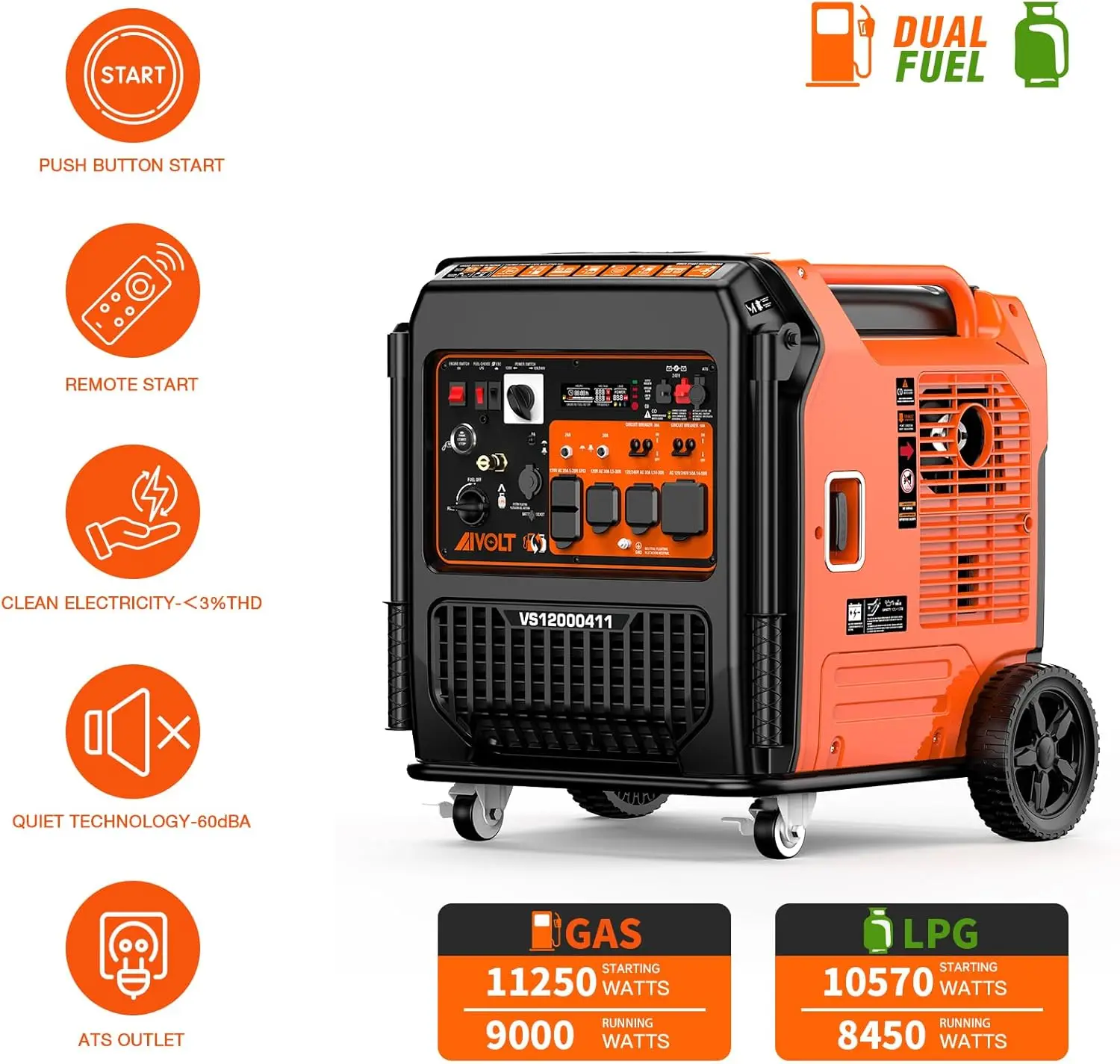 2025-hotDual Fuel Portable Inverter Generator Super Quiet Gas Propane Powered Remote/Electric Start Outdoor Generator ATS Ready