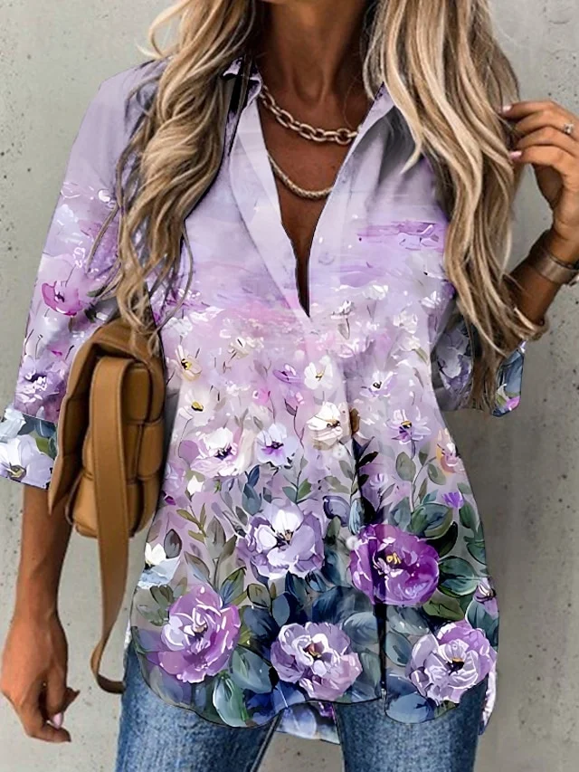 

Women's Shirt Temperament Loose Casual Blouse Women's Floral Print Long Sleeve Buckles Button Shirt Elegant Vintage Tops