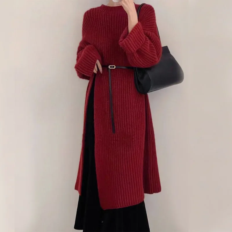 

Y2k Split Crochet Kintted Sweater Women Long Off White Loose Top E-girl Pullovers Spring Autumn Winter Jumper Sueter Streetwear