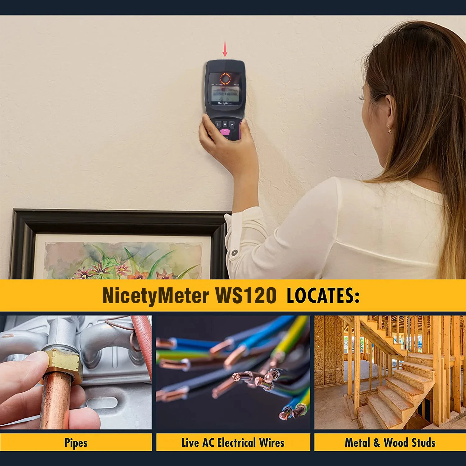 NicetyMeter 5 in 1 Stud Metal Detector Wall Scanner AC Wood Finder Cable Wire Depth Tracker Plumbing Underground LCD Beep WS120 3