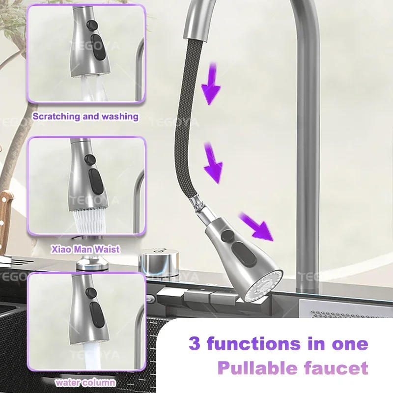 Stainless Steel Sink Waterfall with Trash Can Cup Wash Kitchen Apartment Countertop Wash Basin Large Single Sink
