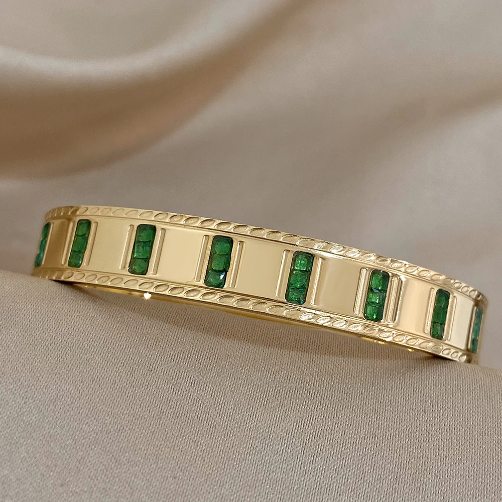 316L Stainless Steel Geometric Green Zircon Bangles Bracelets for Women Cuff Fashion Wrist Jewelry Gifts Accessories 6