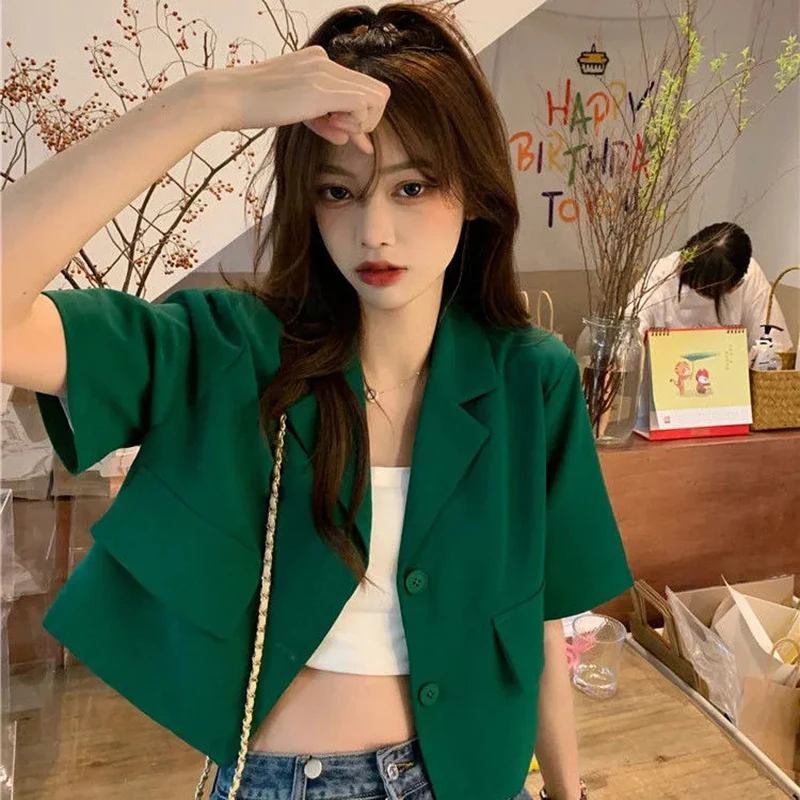 

Casual Harajuku Women Thin Blazer Korean Chic Short Sleeve Single Breasted Outwear Fashion Turn Down Collar Female Short Jacket