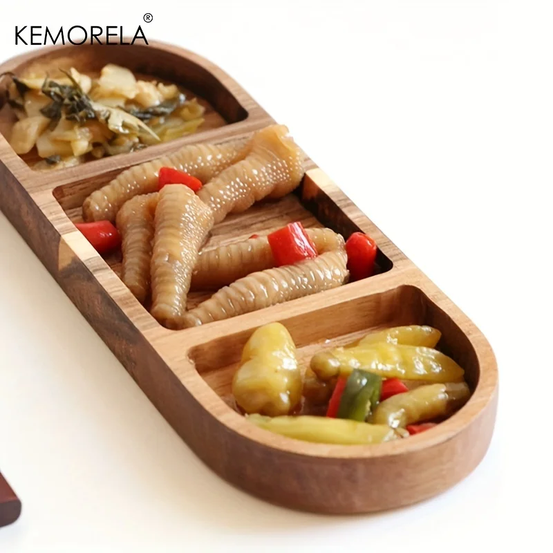 1PCS Acacia Wood Oval Three Compartment Japanese Dip Plate Breakfast Dip Plate for Japanese Pickled Vegetables dessert plate