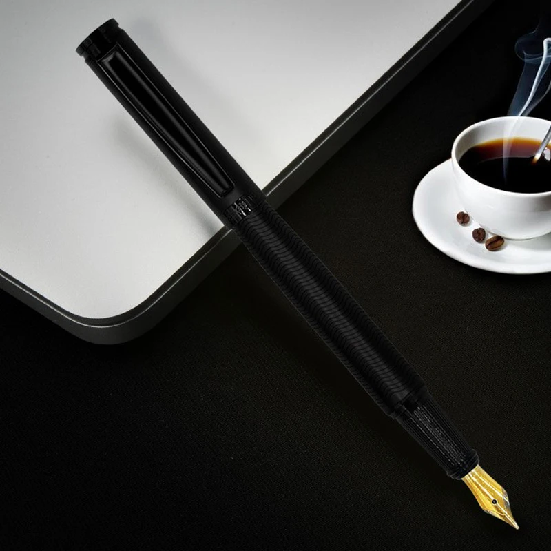 Hero Black Barrel Ripples Pattern 0.5mm Fine Nib Fountain Pen Gold Trim Office School Writing Tool W/Gift Box Pen Set Accessory