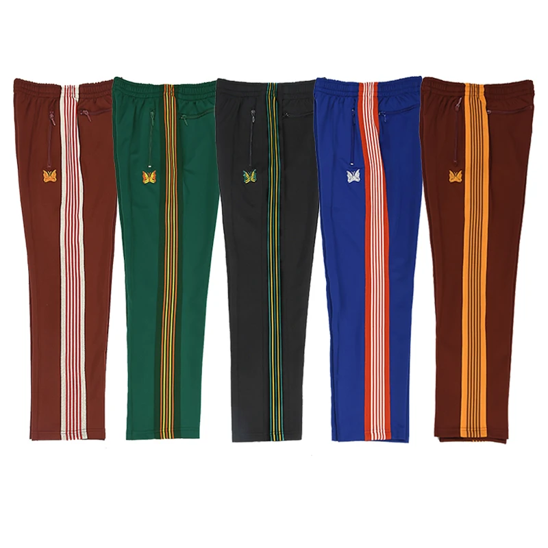 

2023 New Needles Pants Men Women Multicolor Stripes AWGE Track Pants Embroidery Butterfly Logo Elastic Waist Trousers