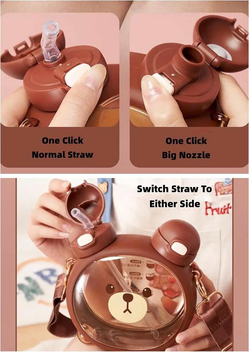 Cute Cartoon Bear Water Cup Straw Type Direct Drinking Bottle With Straw Travel Mug Kawaii Kids Tumbler Sport Drink Kettle 750Ml