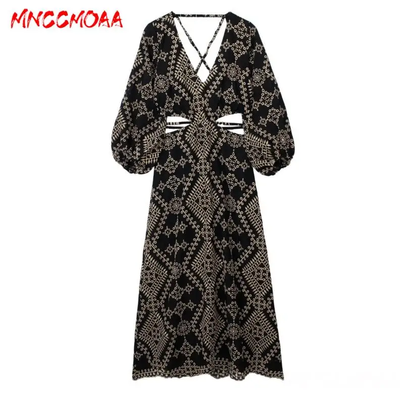 

MNCCMOAA-Women's Hollow Out Embroidery Party Dress, Female Sexy Backless Midi Dresses, Beach Fashion, Summer, 2024