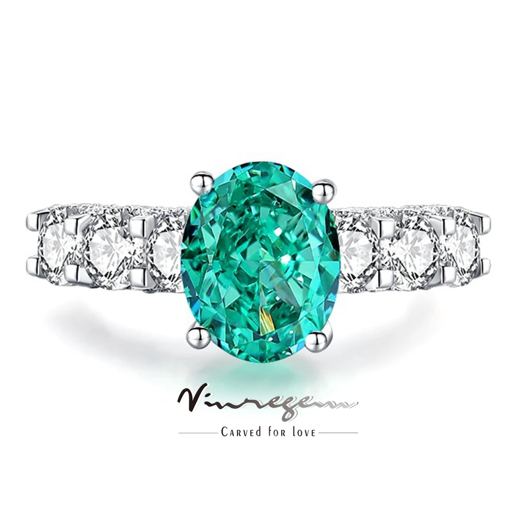 

Vinregem Sparkling 8*10 MM Oval Paraiba Tourmaline Sapphire High Carbon Diamond Gemstone Rings 925 Sterling Silver Fine Jewelry