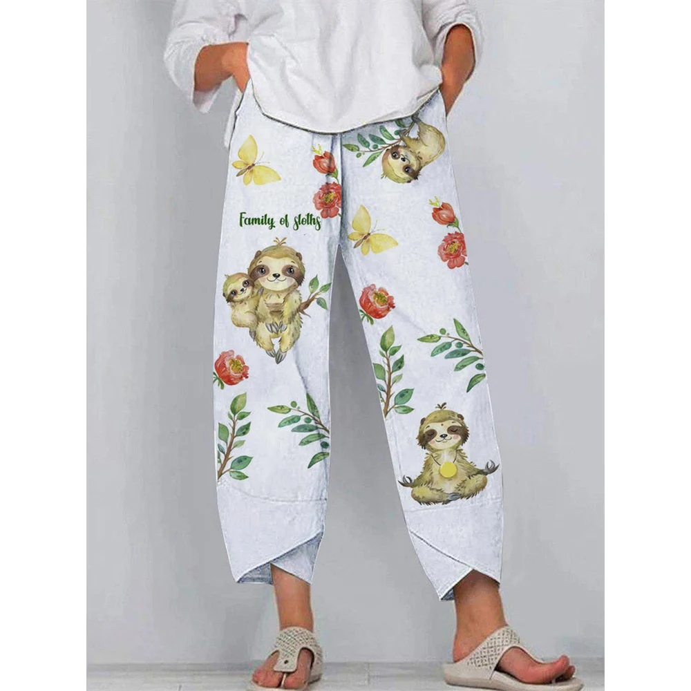 

CLOOCL Autumn Lady Pants Cartoon Monkey Print Elastic Waist Wide Leg Pants Two-pocket Pants Lady Slacks New Fitness Trousers