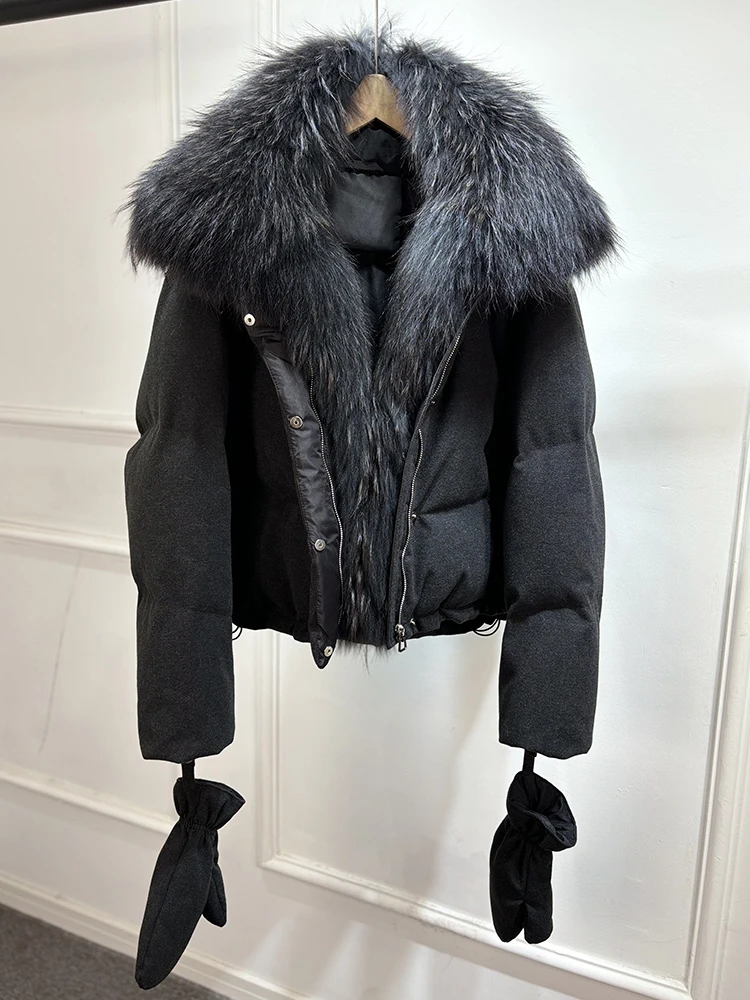 2026 Luxury Winter 90% White Duck Down Wool Blends Jacket Women Real Natural Huge Fox Fur Thickened Warm Puffer Wool Down Coat
