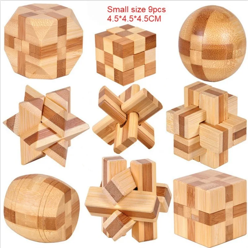 

9PCS/SET Design IQ Brain Teaser Kong Ming Lock 3D Wooden Interlocking Burr Puzzles Game Toy Bamboo Small Size For Adults Kids