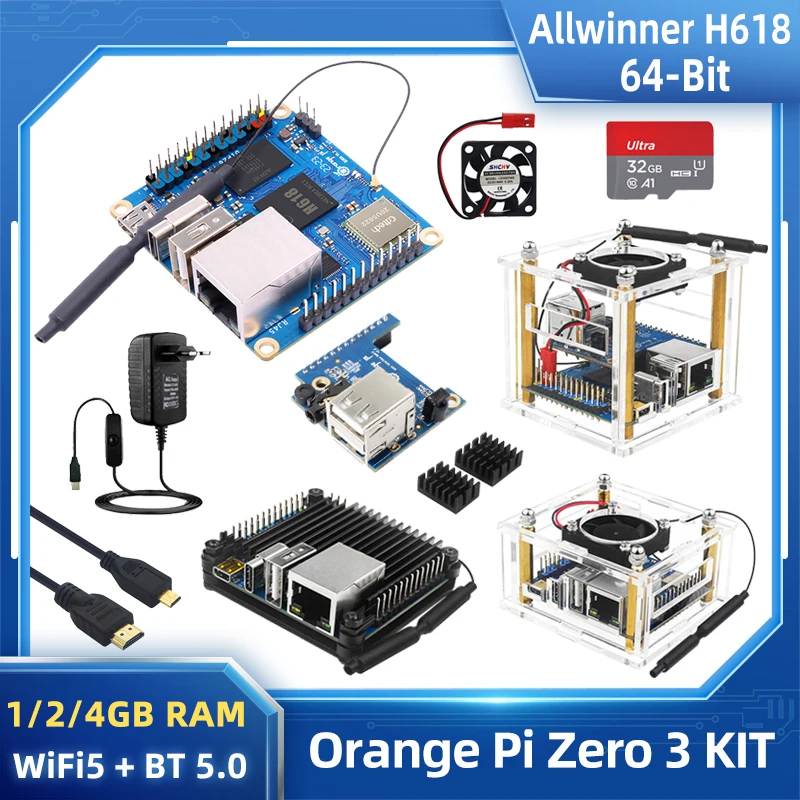 Dissipador de Calor do fã da Caixa Acrílica pi Alaranjado Zero Allwinner H618 Wifi5 Mais bt 50 gb Ram Opi Opcional