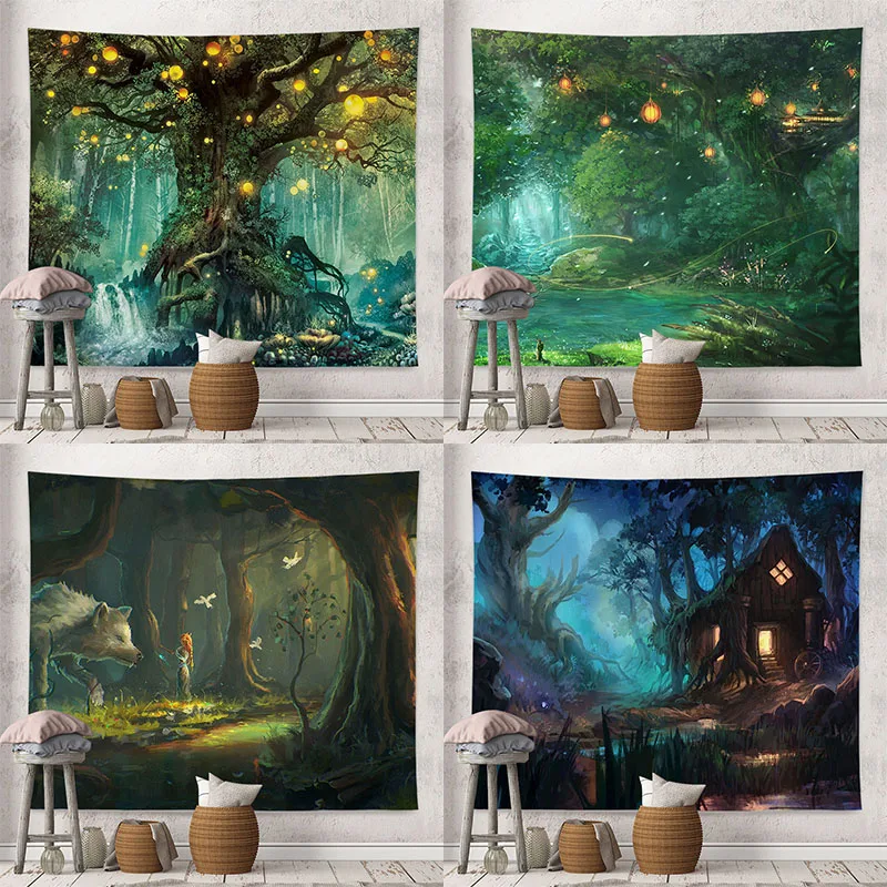 Гобелен в стиле Фэнтези лес, настенное украшение для комнаты, подвесная ткань для спальни, гостиной, украшение для дома