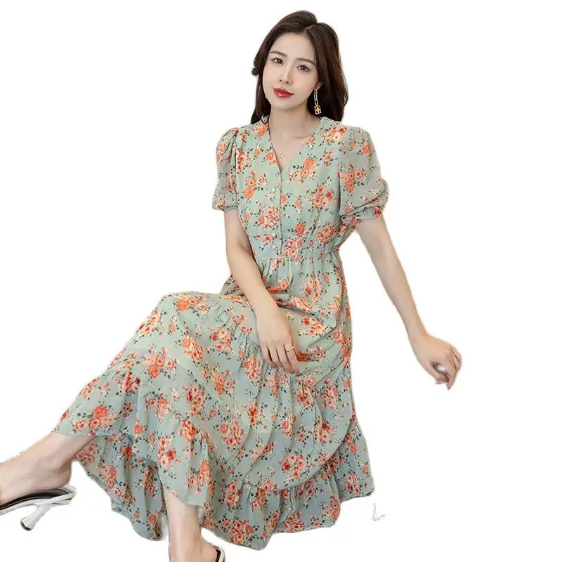 

2023 Summer Short-sleeved Female Chiffon Dress Button Fly Puff Sleeve V-Neck Ruffles Patchwork Woman Floral Dress Sweet Clothes