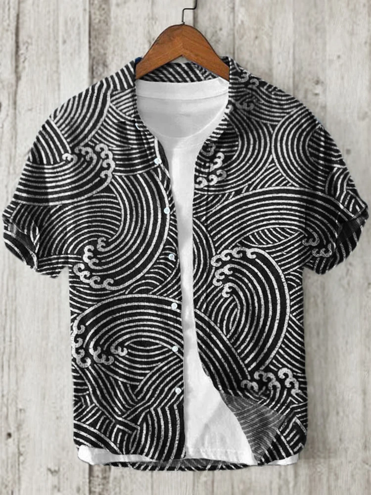 Foreign trade dirty octopus print men's youth short-sleeved luxury lapel shirt linen Hawaiian single-breasted shirt cardigan 2