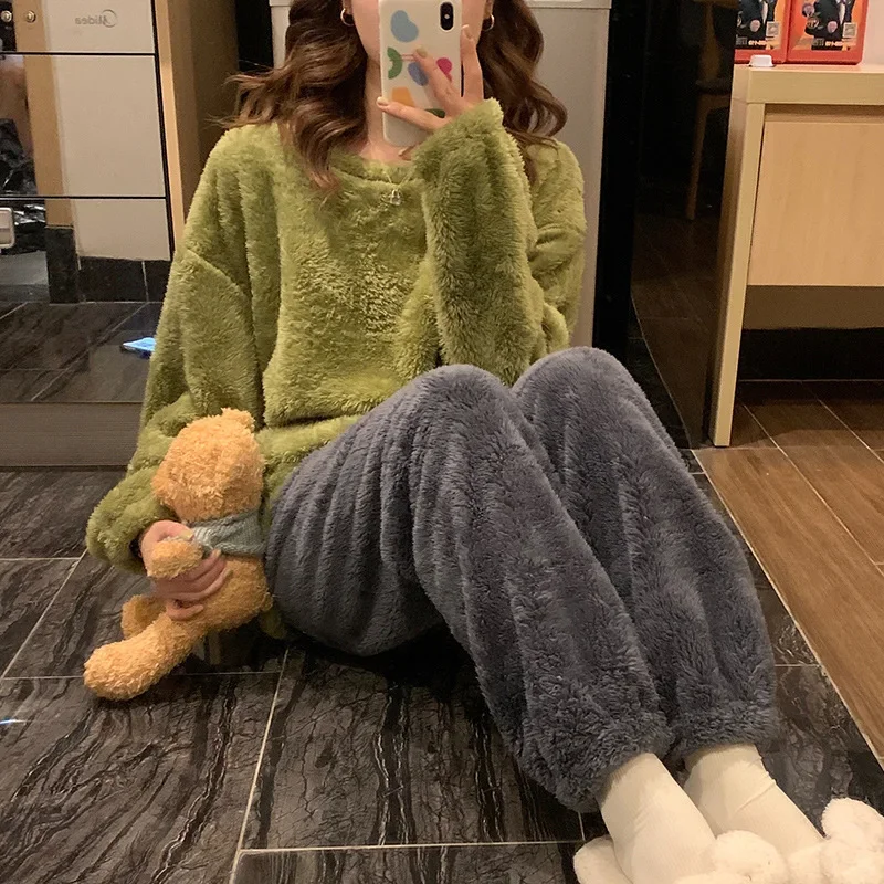 Coral Fleece Pajama Sets Women Winter Warm Sleepwear Long Sleeve Trouser Thick Loungewear Korean High Quality Clothes Pijama