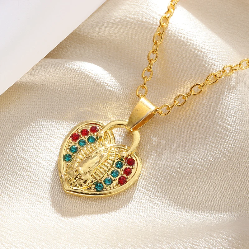 

New Fashion Virgin Mary Heart Shape Colorful Zircon Blessing Pendant Necklace Women's Trend Good Luck Amulet Jewelry Gift