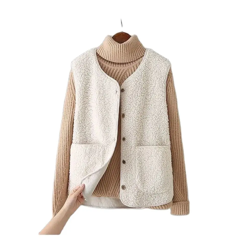 Vests New Spring Autumn Women Button Waistcoat Lamb Wool Winter Thermal Warm Thick Fleece Vests Sleeveless Jacket Ladies Coats 3