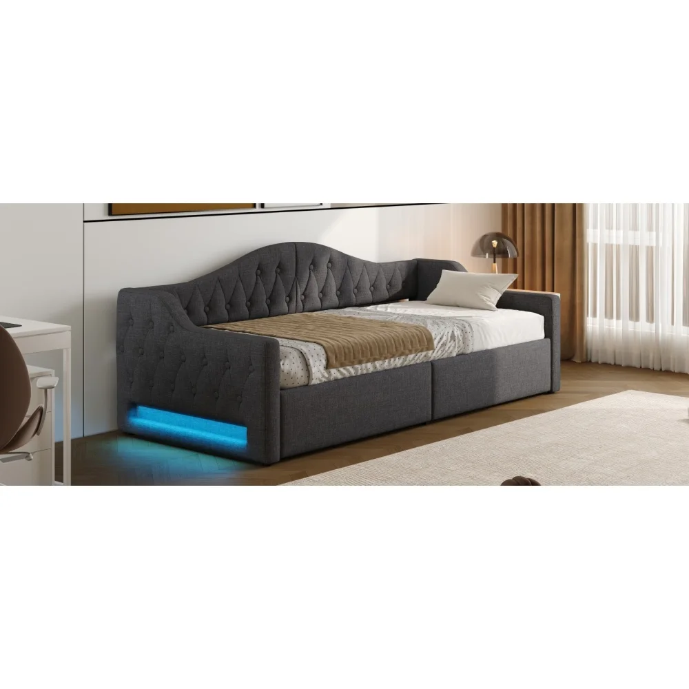 Bettgestelle und -gestelle, graues gepolstertes Tagesbett mit LED-Streifen, Stauraum unter dem Bett (ohne Matratze), Einzelbett in Doppelbettgröße – Detail 26