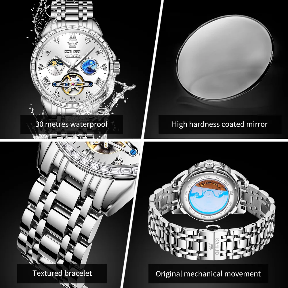 OLEVS 6712 Men Automatic Watch Original Hollow Skeleton Moon Phase Date Mechanical Watch For Men Waterproof Luxury Wristwatch