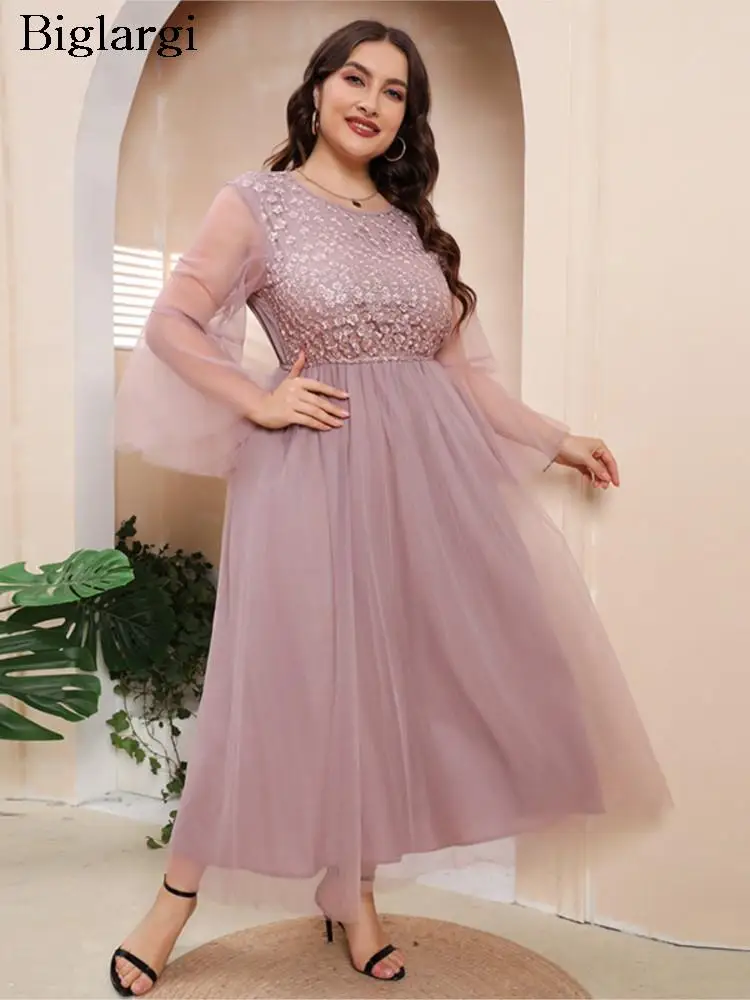 

Plus Size Autumn Dress Women Mesh Patchwork Modis Loose Ruffle Pleated Ladies Dresses Elegant Floral Embroidery Woman Dress 2023
