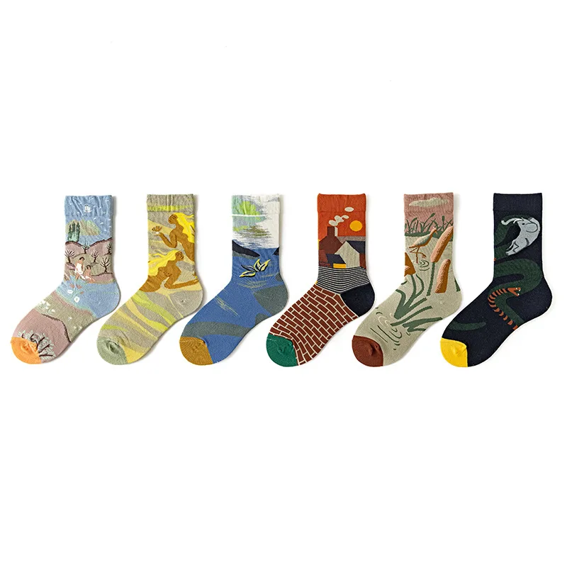 

Male and Female Middle Tube Cotton Socks Trendy Retro Personalized Art Oil Painting Printing Socks 3 Pairs