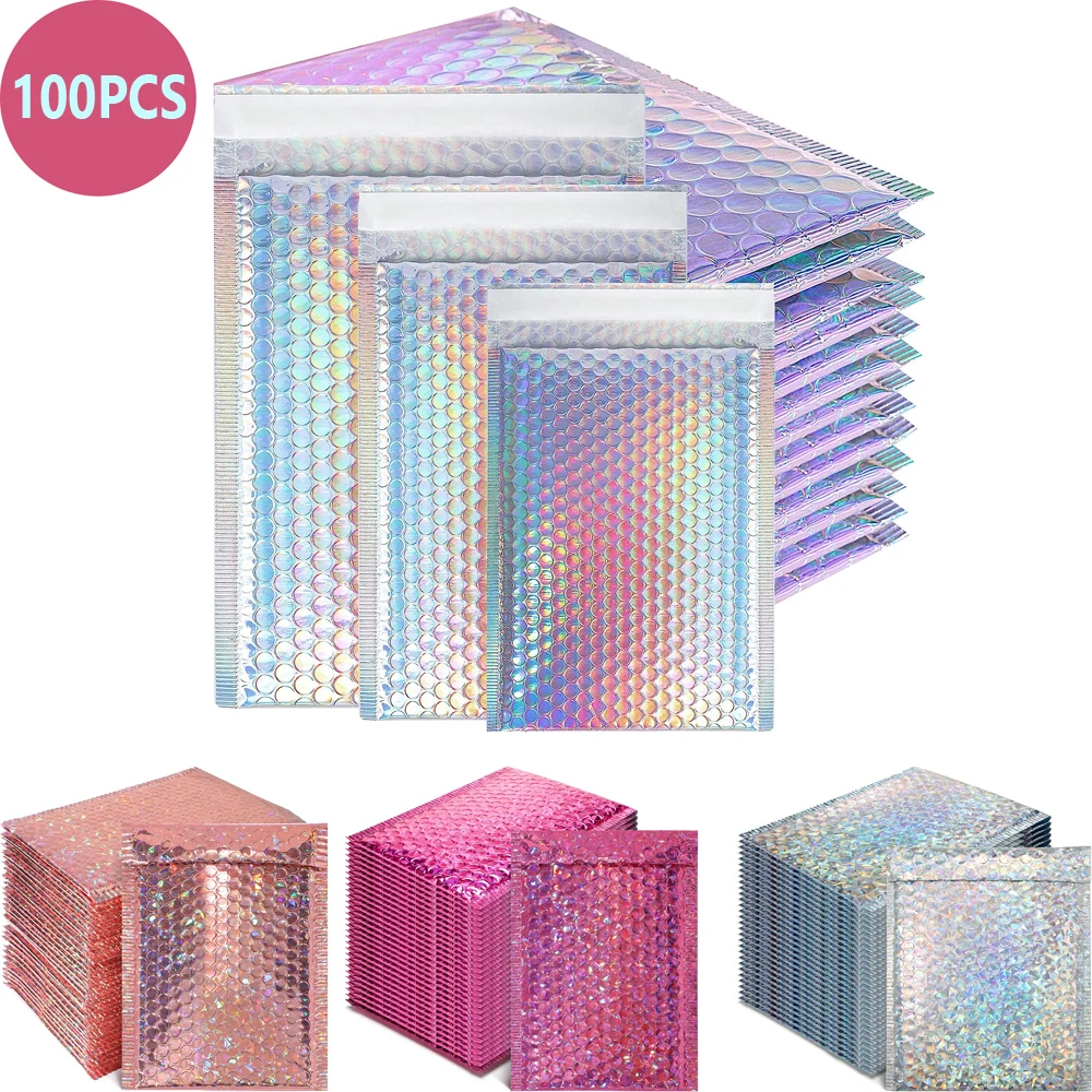 bubble-mailer-saco-de-embalagem-entrega-pacote-envelope-sacos-envelopes-pacotes-laser-holografico-embalagem-de-envio-suprimentos-100pcs