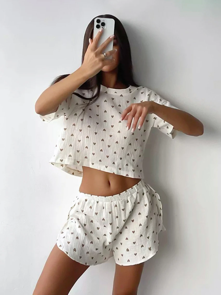

Marthaqiqi Printing Summer Female Pajama Set O-Neck Sleepwear Short Sleeve Nightie Crop Top Pijama Shorts Casual Nightgowns Suit