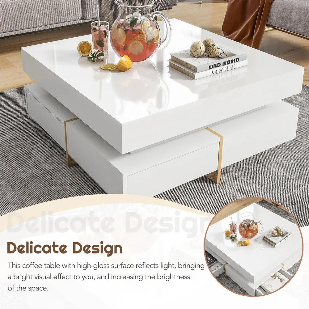 Modern Coffee Table with Storage, Contemporary Square Coffee Table with Drawers, High Gloss Modern Center Table for Living Room 3