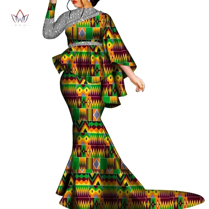 African Clothes Women Bazin Riche Floral Printed 2 Piece Sets Irregular Bat Sleeve Top Long Skirts Lady's Party Outfits