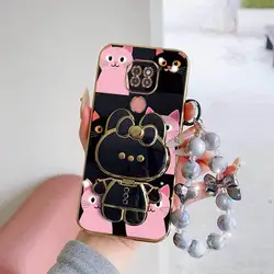 Elegant Pink Heart Shape Phone Case Set with Lanyard and Rabbit Stand - Motorola Moto G9 Play (Black)